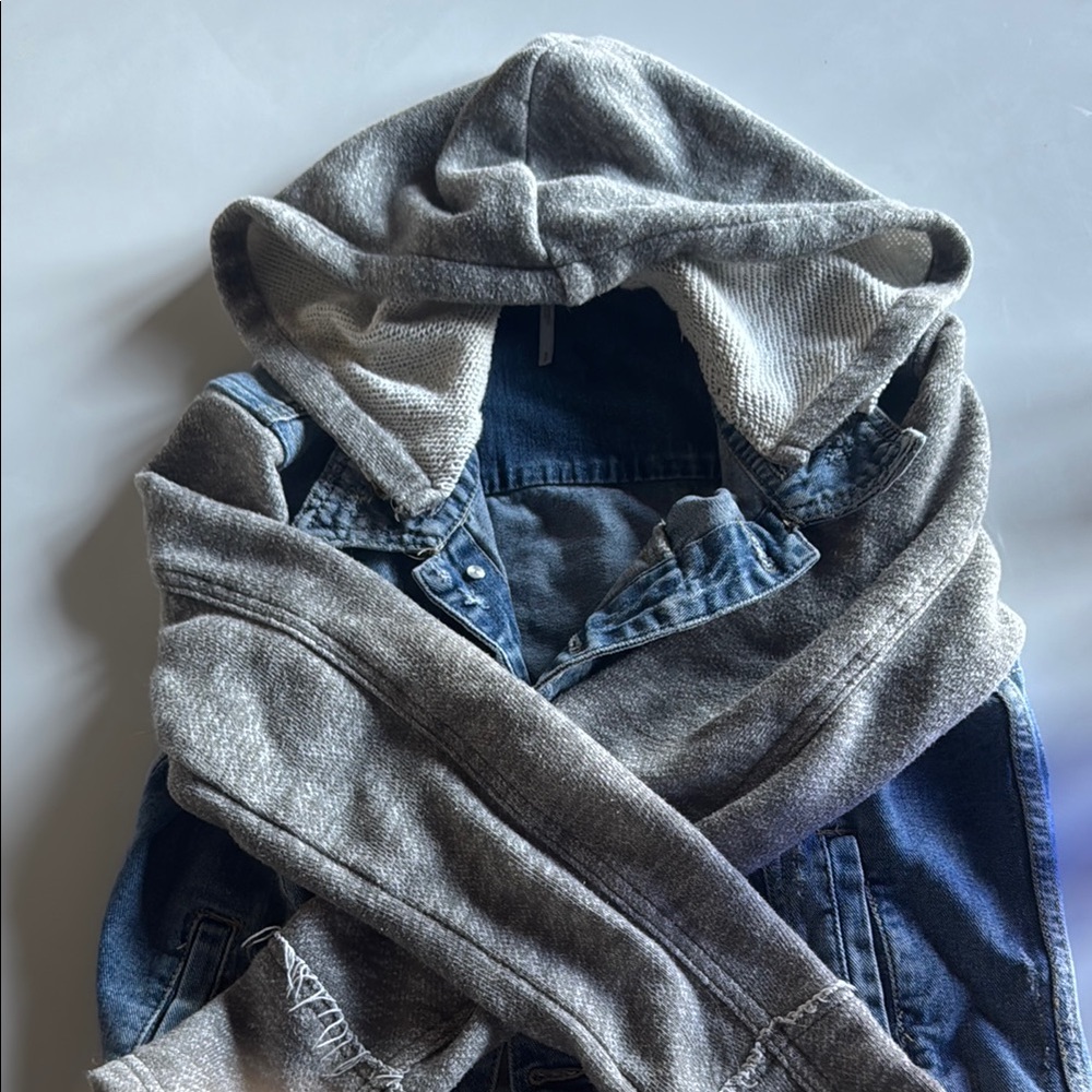 Free People Denim and Gray Hooded Jacket